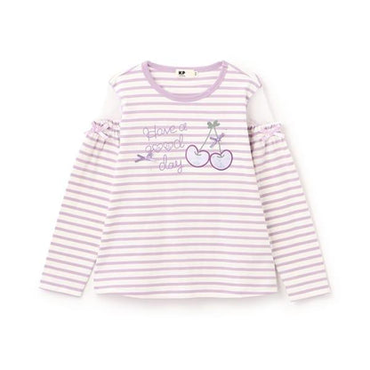 肩部網紗拼接條紋長袖T恤