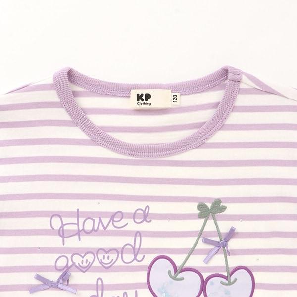 肩部網紗拼接條紋長袖T恤