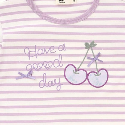 肩部網紗拼接條紋長袖T恤