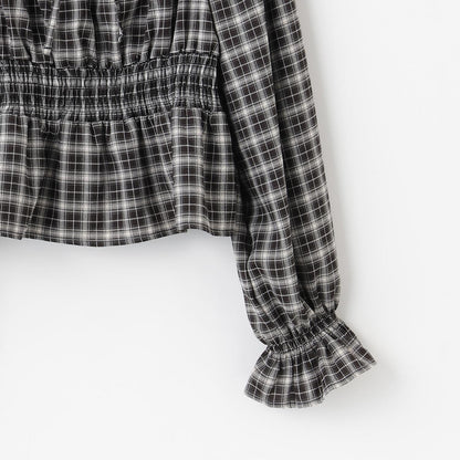 格紋一字肩襯衫