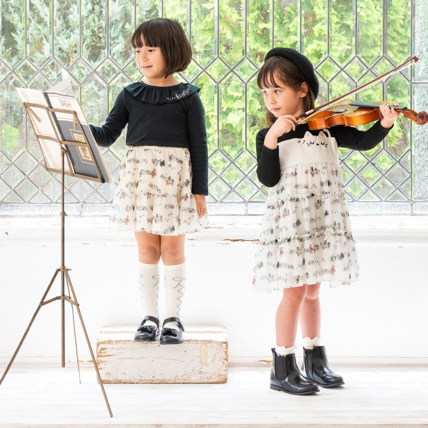 音符圖案雪紡層疊連衣裙