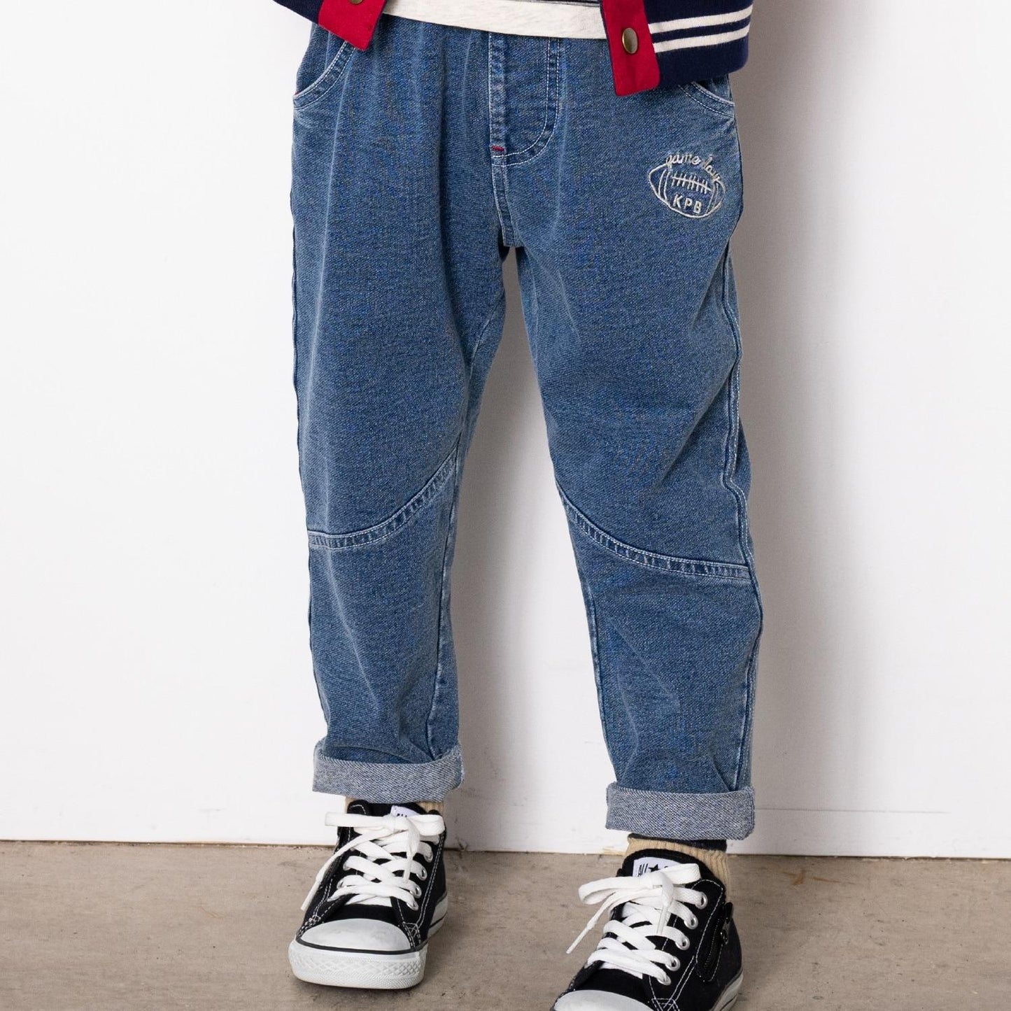 靛藍色牛仔針織長褲