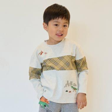 恐龍與城市格紋拼接長袖T恤