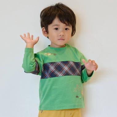 恐龍與城市格紋拼接長袖T恤