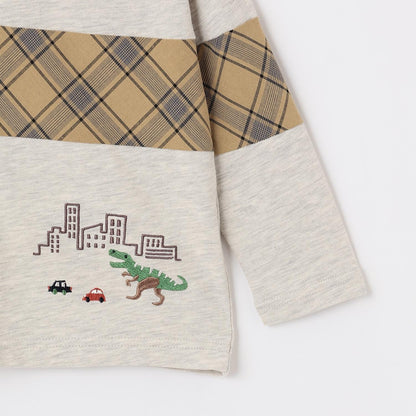 恐龍與城市格紋拼接長袖T恤