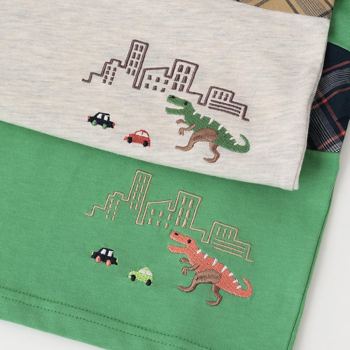 恐龍與城市格紋拼接長袖T恤