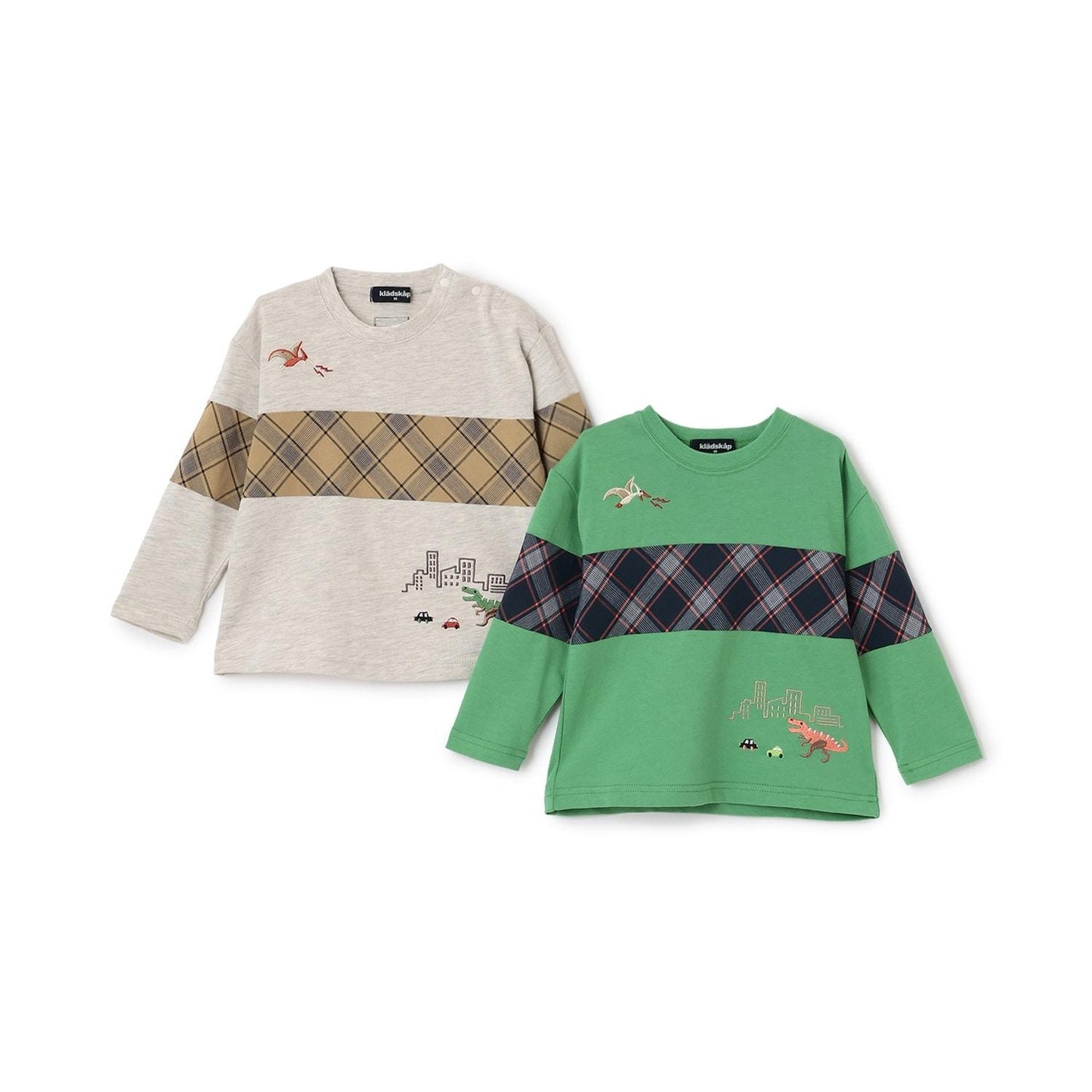 恐龍與城市格紋拼接長袖T恤