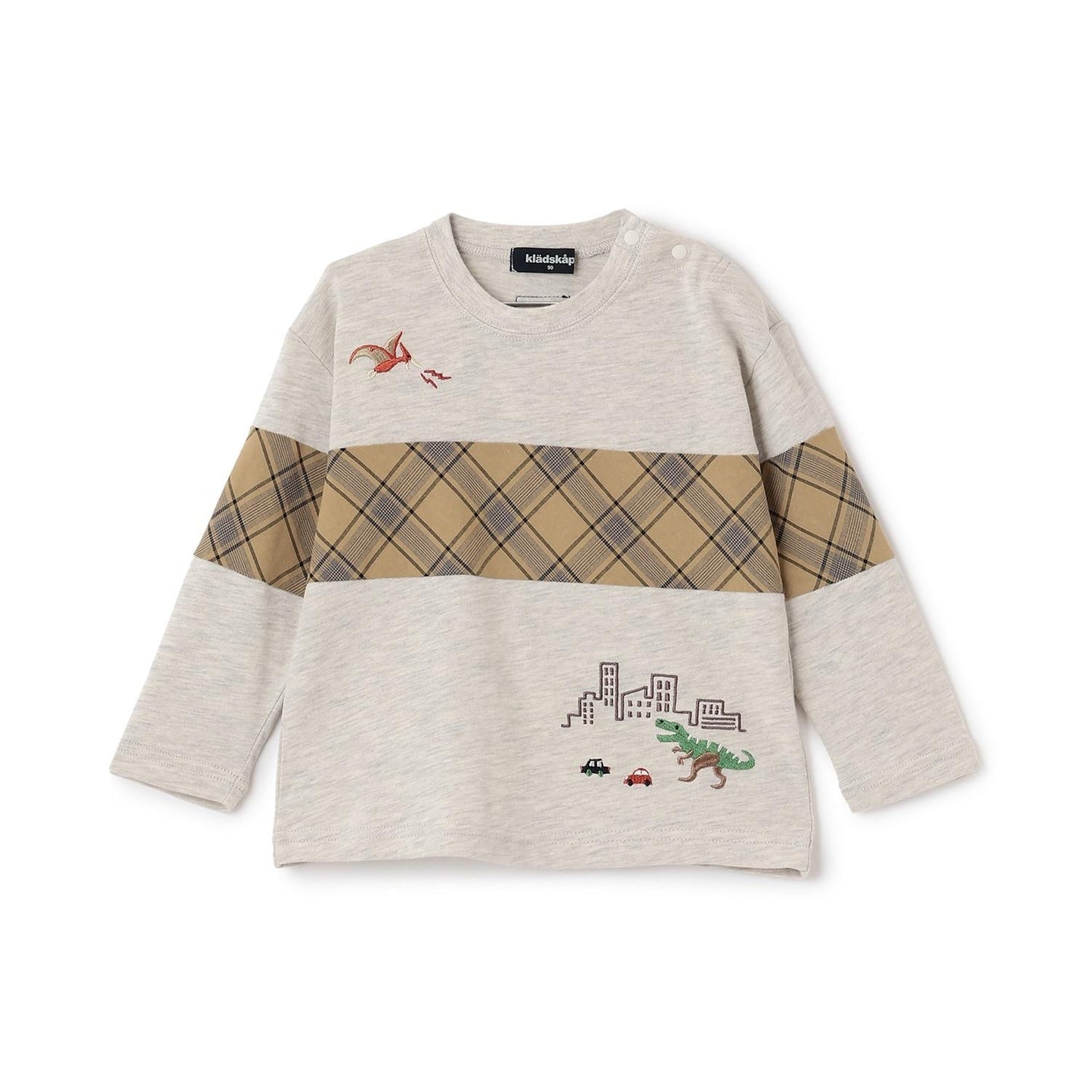 恐龍與城市格紋拼接長袖T恤