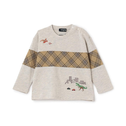 恐龍與城市格紋拼接長袖T恤