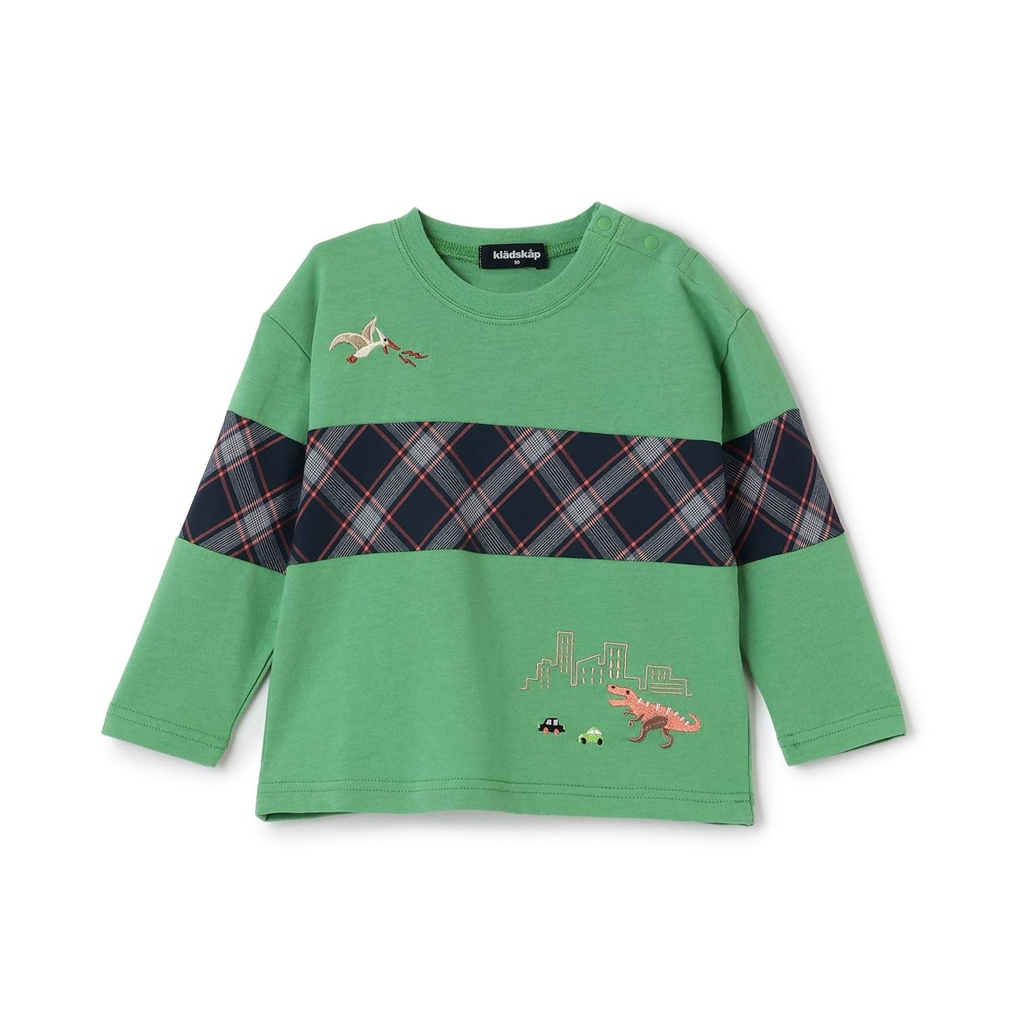 恐龍與城市格紋拼接長袖T恤