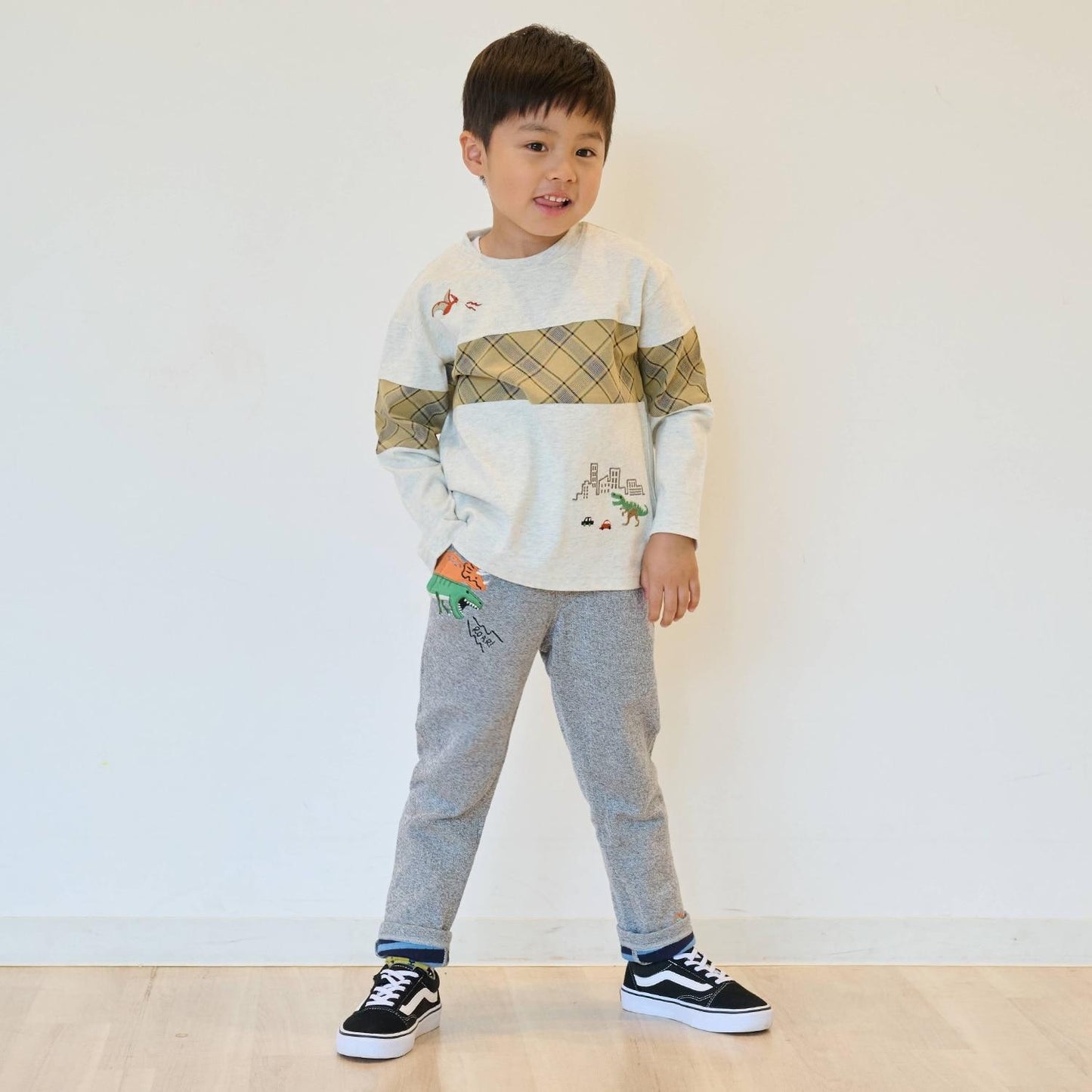 恐龍與城市格紋拼接長袖T恤