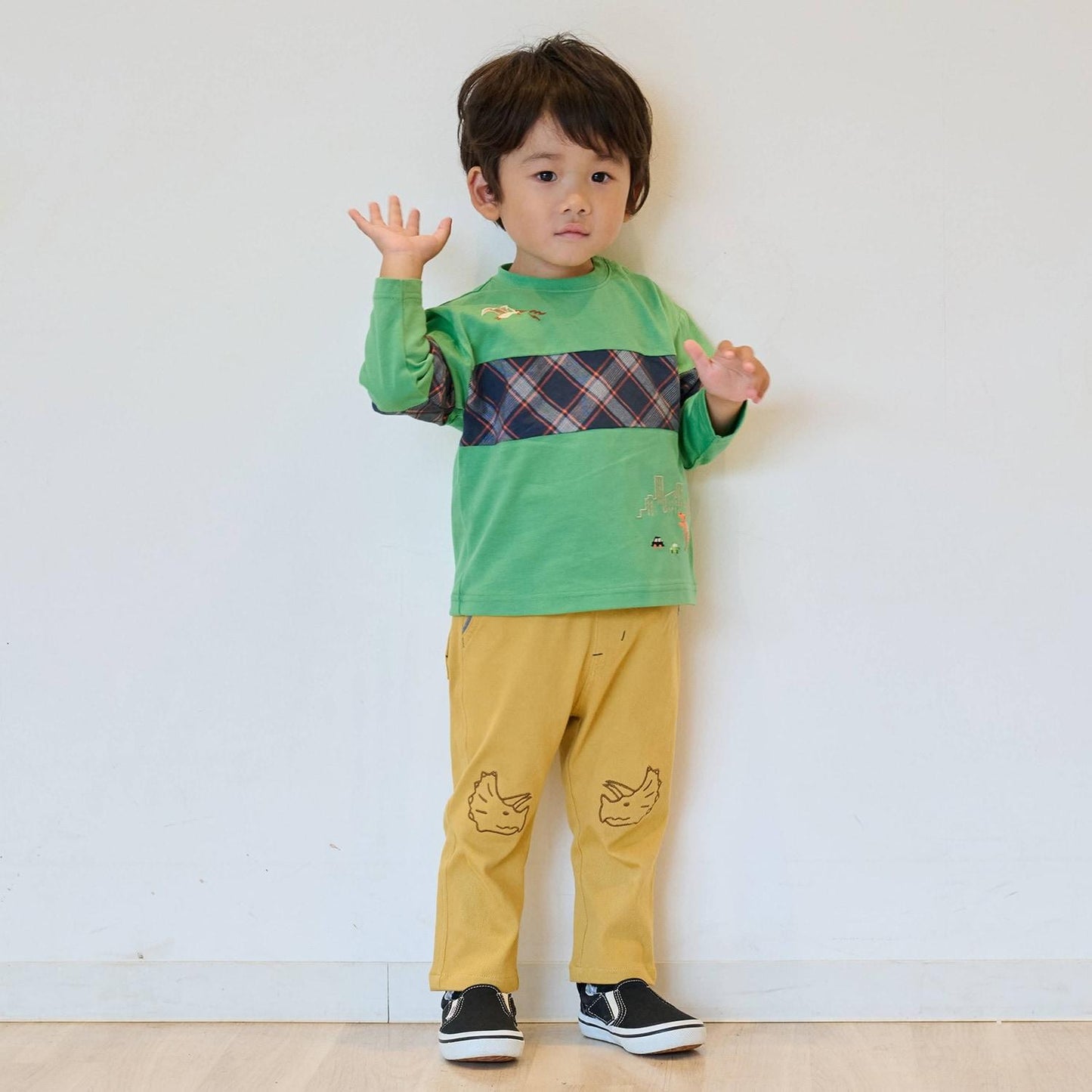 恐龍與城市格紋拼接長袖T恤