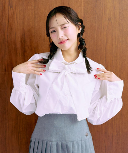 蝴蝶結領標誌刺繡襯衫【韓國時尚】