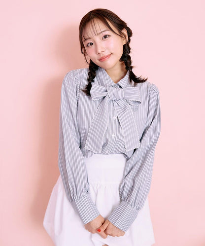 蝴蝶結領標誌刺繡襯衫【韓國時尚】