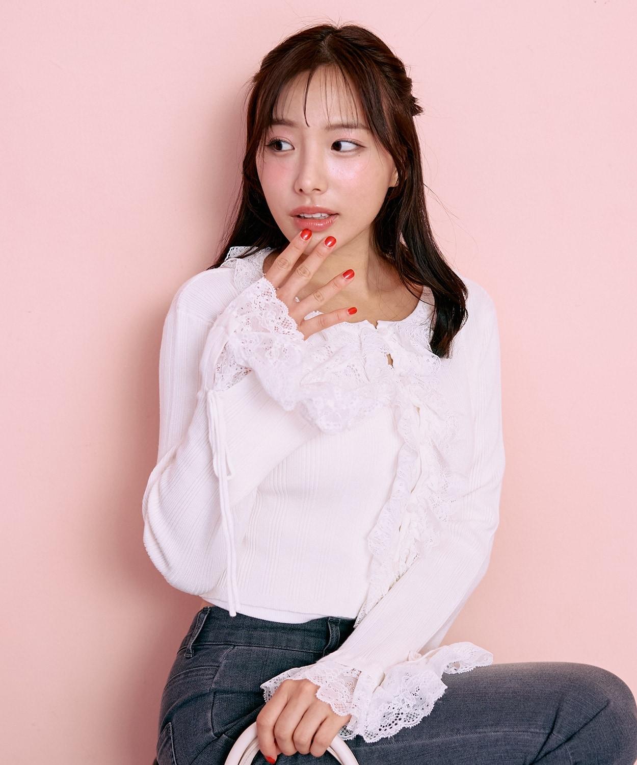 荷葉邊蕾絲針織開衫【韓國時尚】