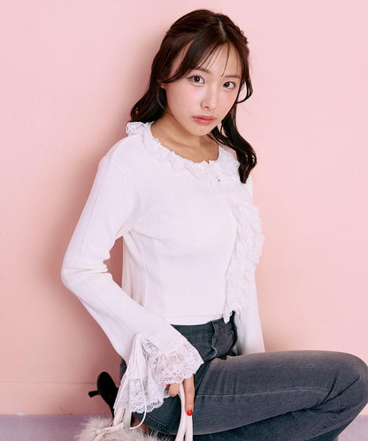荷葉邊蕾絲針織開衫【韓國時尚】