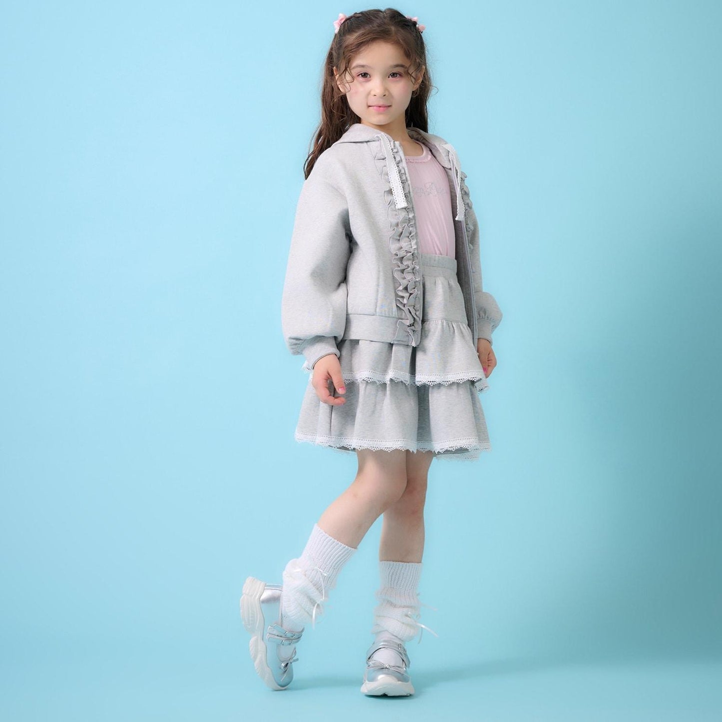 亮片裝飾荷葉邊拉鍊連帽衫