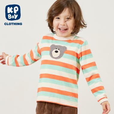 熊圖案多色條紋長袖T恤