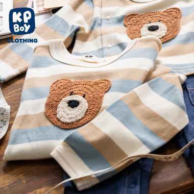 熊圖案多色條紋長袖T恤