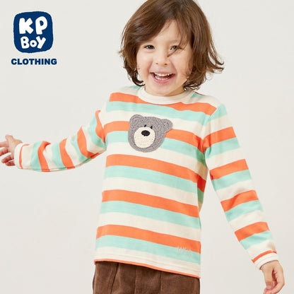 熊圖案多色條紋長袖T恤