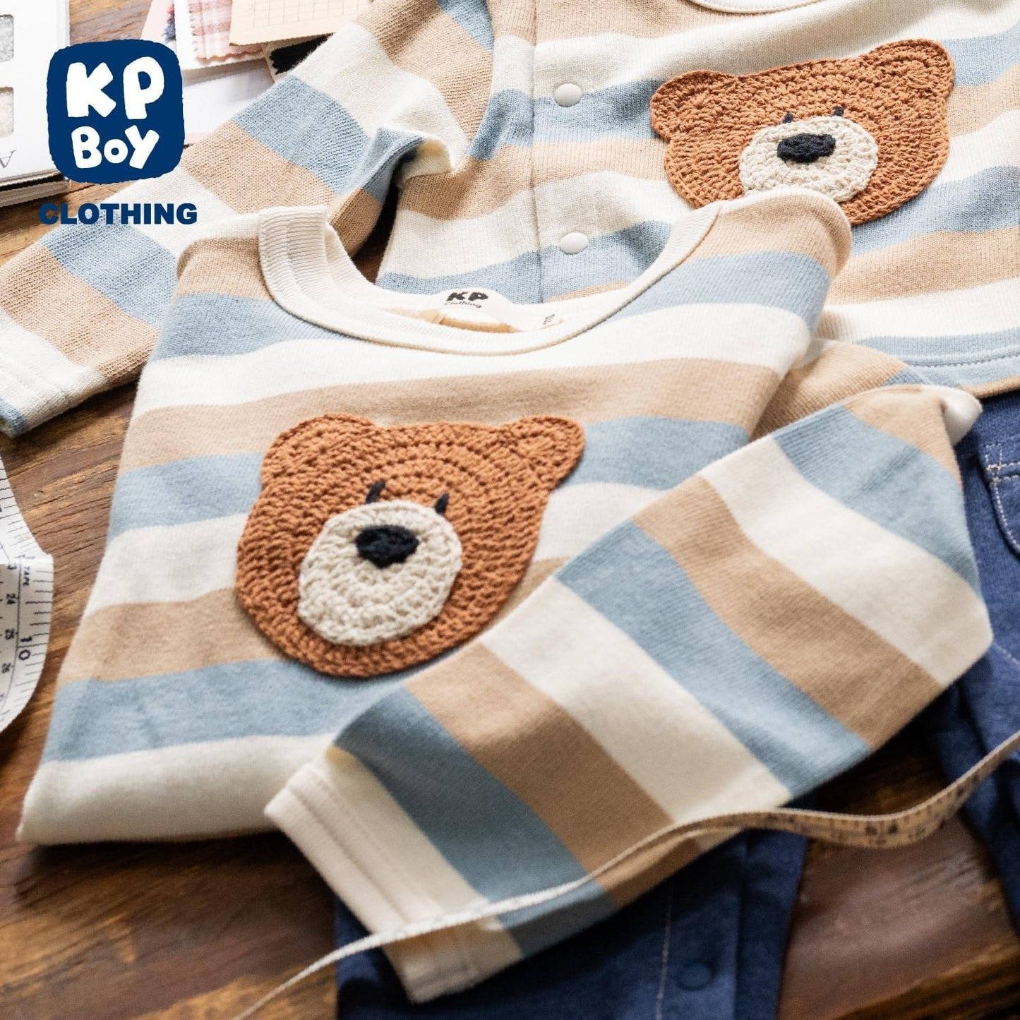 熊圖案多色條紋長袖T恤