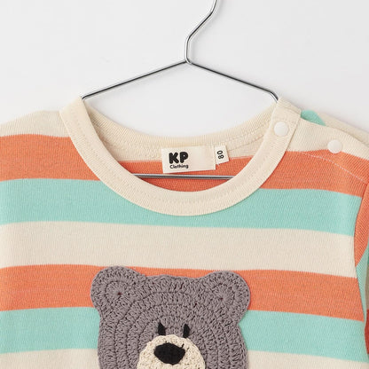 熊圖案多色條紋長袖T恤