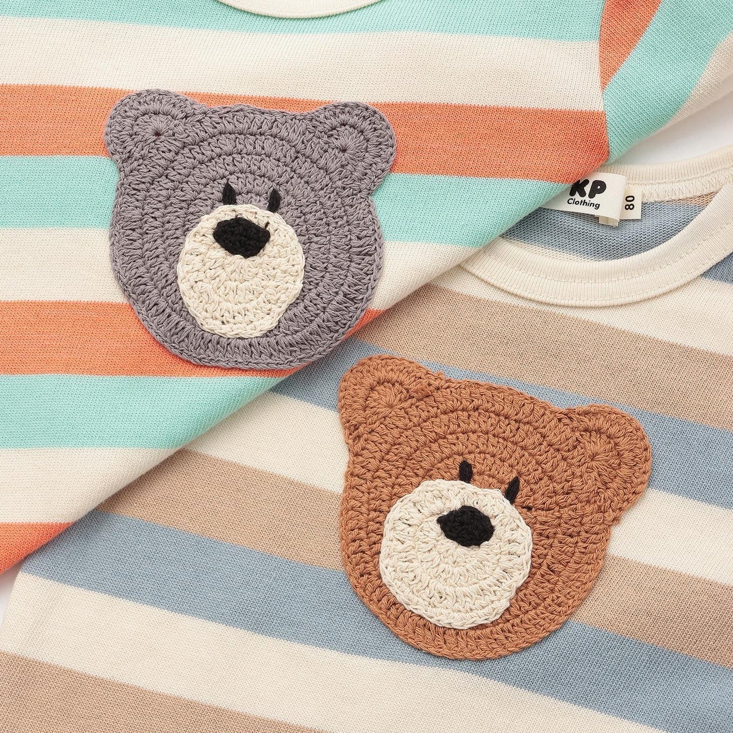 熊圖案多色條紋長袖T恤