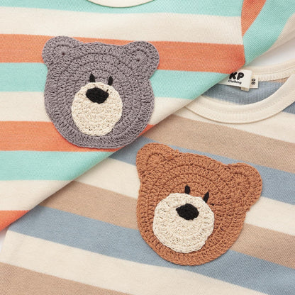 熊圖案多色條紋長袖T恤