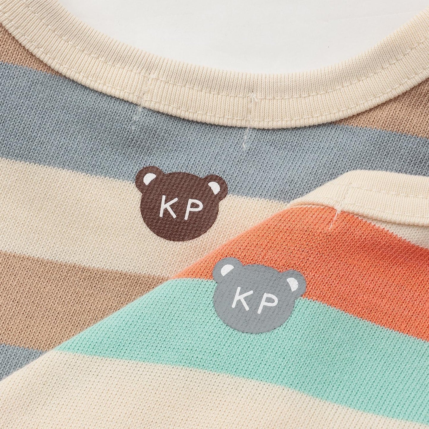 熊圖案多色條紋長袖T恤