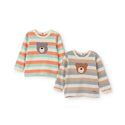 熊圖案多色條紋長袖T恤