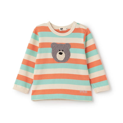 熊圖案多色條紋長袖T恤