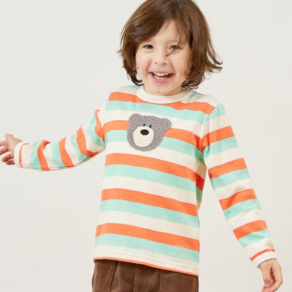 熊圖案多色條紋長袖T恤