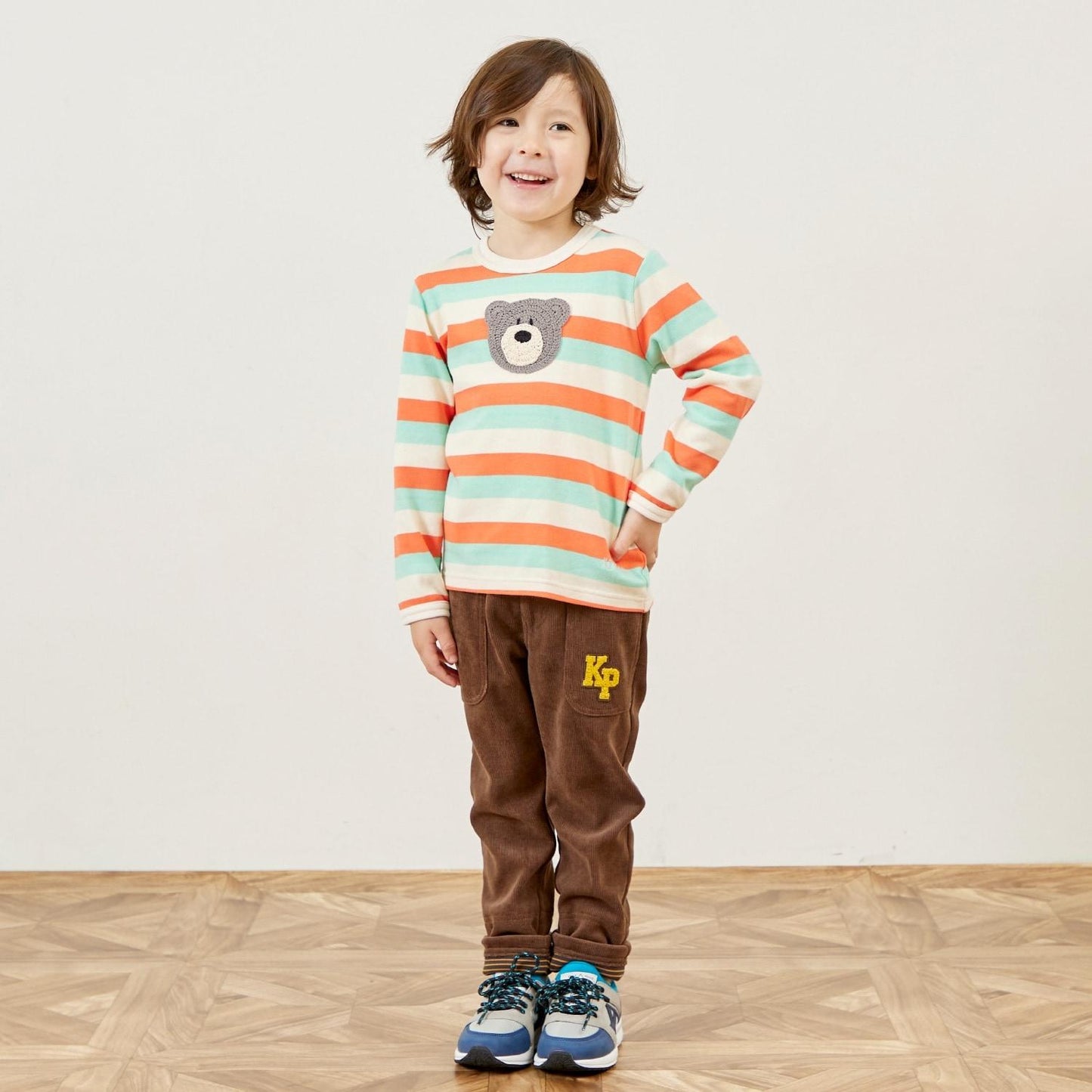 熊圖案多色條紋長袖T恤