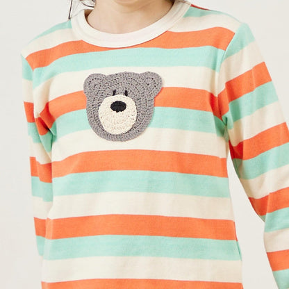 熊圖案多色條紋長袖T恤