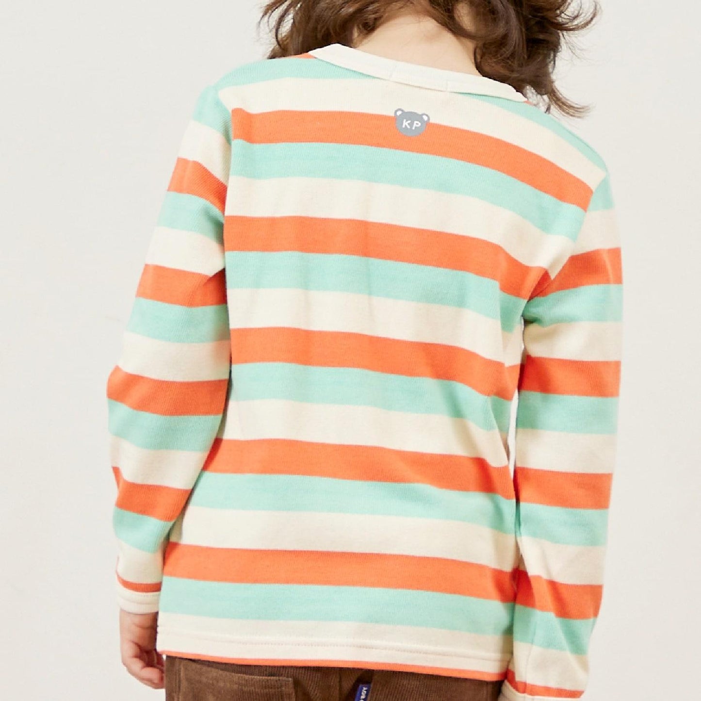 熊圖案多色條紋長袖T恤