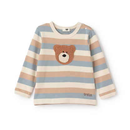 熊圖案多色條紋長袖T恤