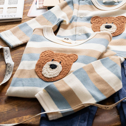 熊圖案多色條紋長袖T恤