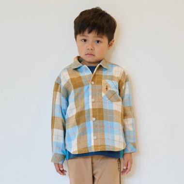 電車刺繡長袖格子襯衫