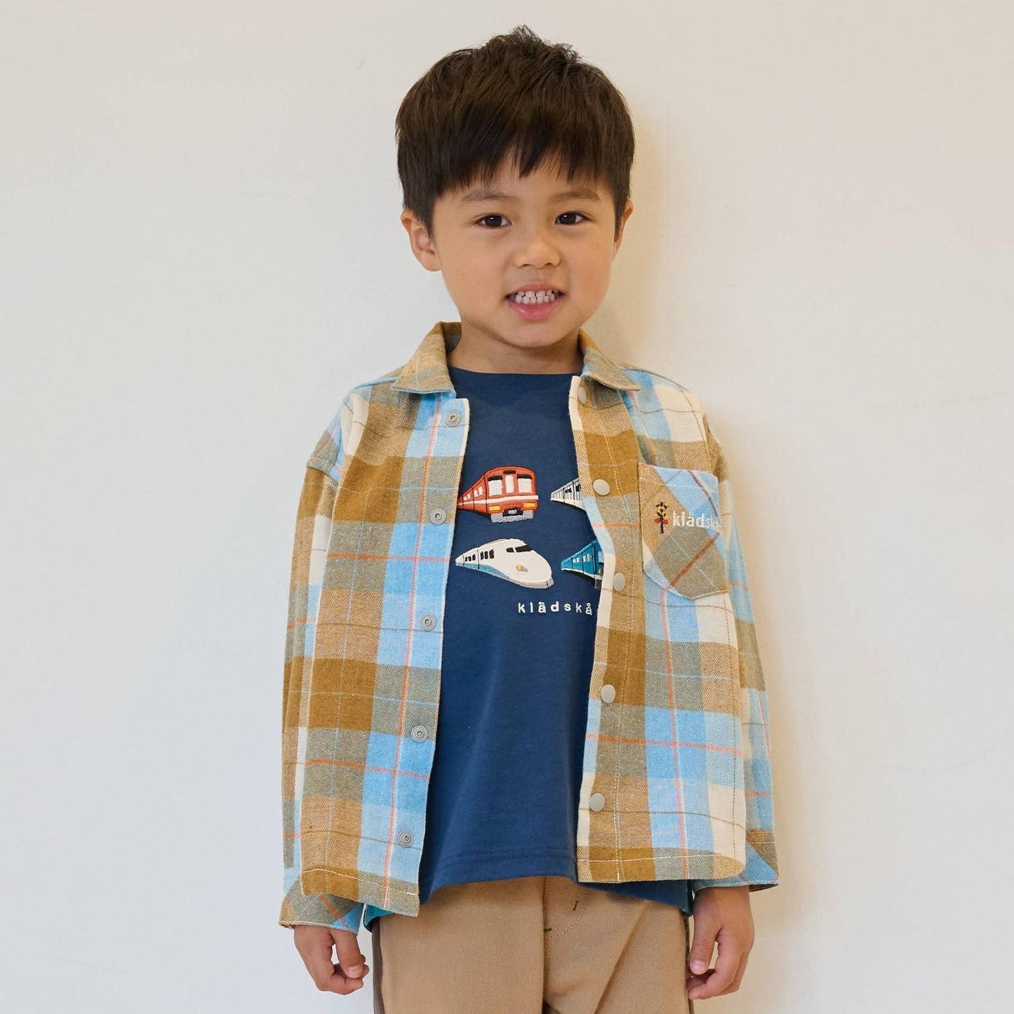 電車刺繡長袖格子襯衫