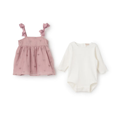 蝴蝶結刺繡連衣裙套裝