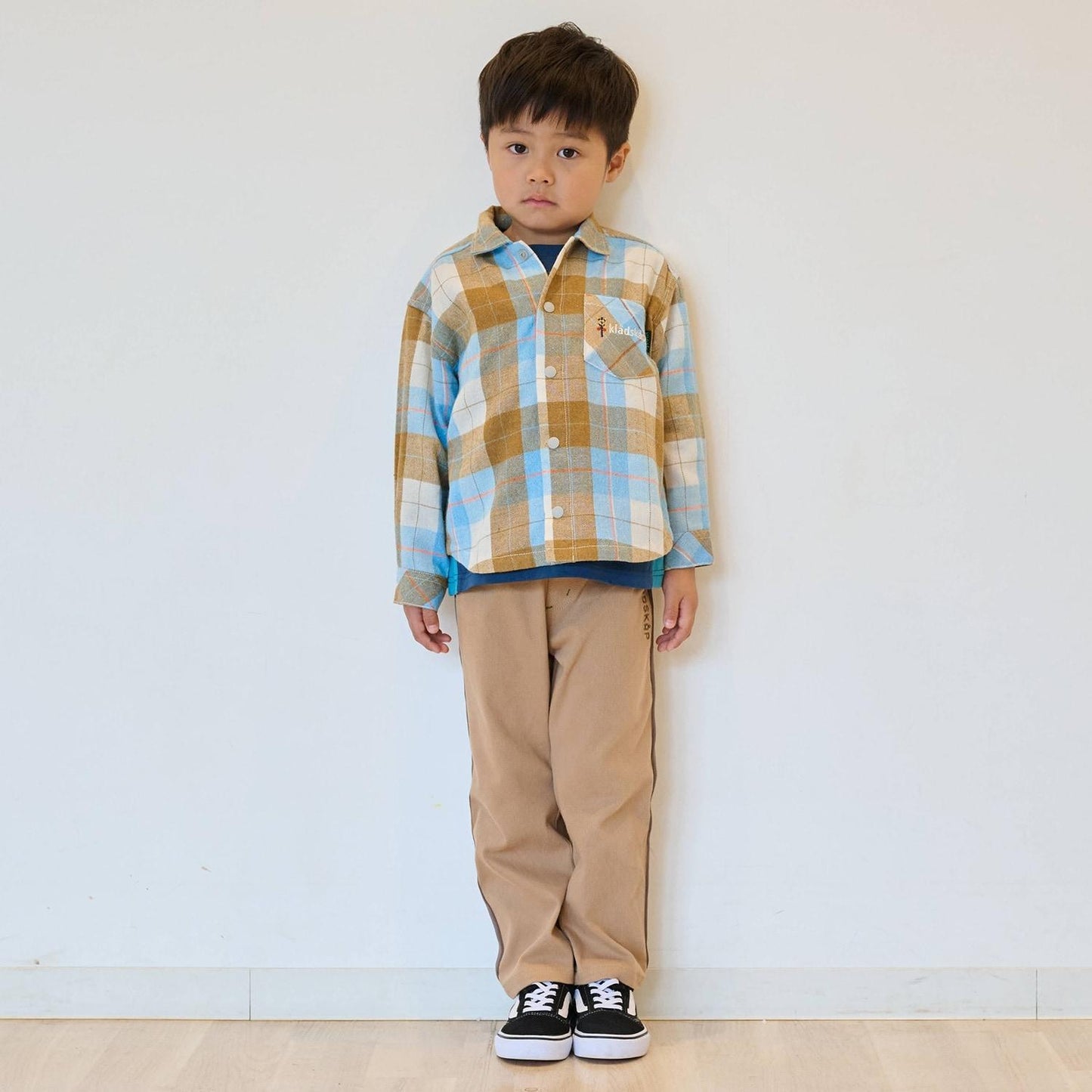 電車刺繡長袖格子襯衫