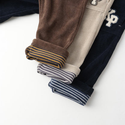 下襬拼接翻邊輕薄針織燈芯絨長褲