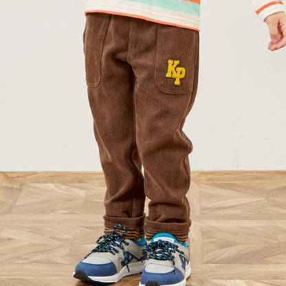 下襬拼接翻邊輕薄針織燈芯絨長褲