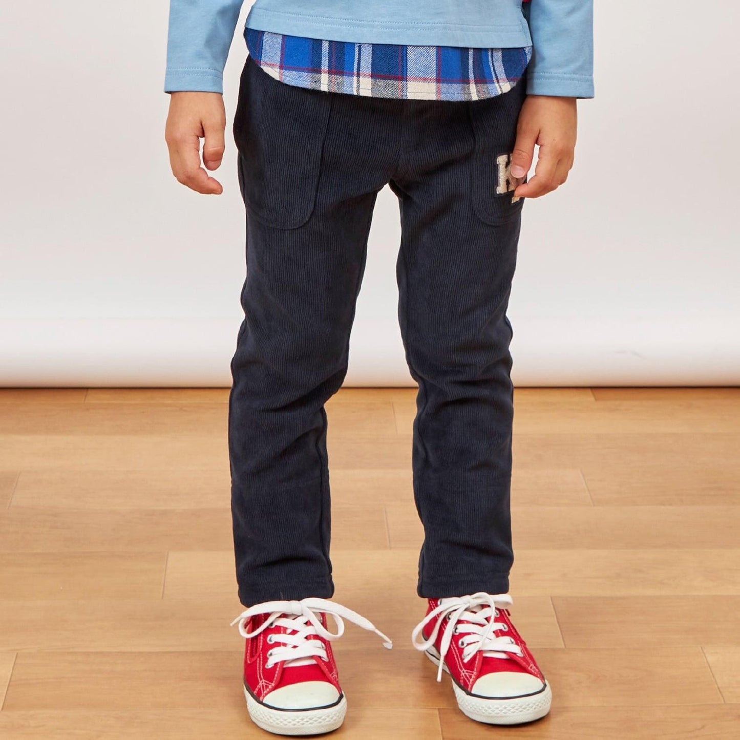 下襬拼接翻邊輕薄針織燈芯絨長褲