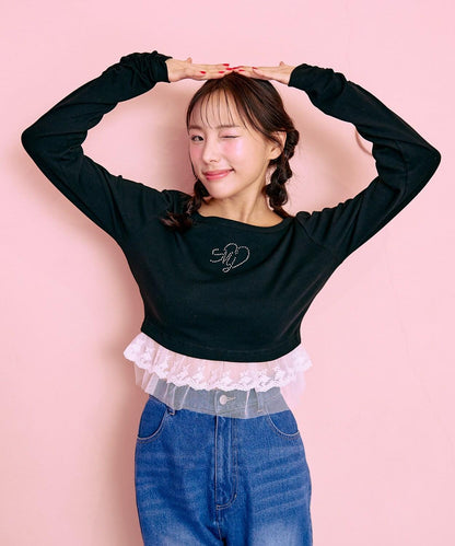 下襬荷葉邊鑲鑽T恤【韓國時尚】