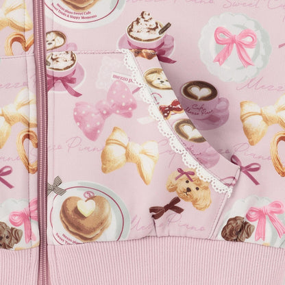 咖啡圖案拉鍊連帽衛衣