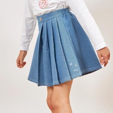 針織牛仔百褶裹裙式闊腿褲