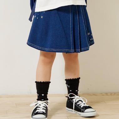 針織牛仔百褶裹裙式闊腿褲