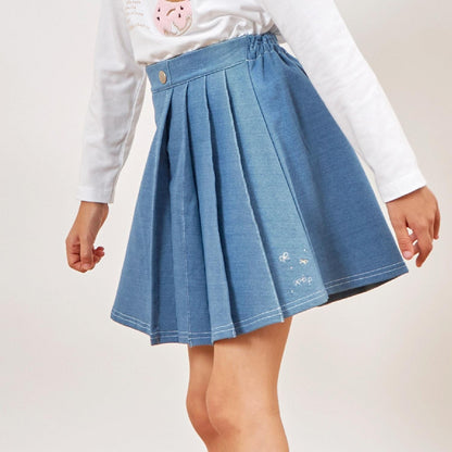 針織牛仔百褶裹裙式闊腿褲