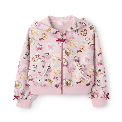 咖啡圖案拉鍊連帽衛衣